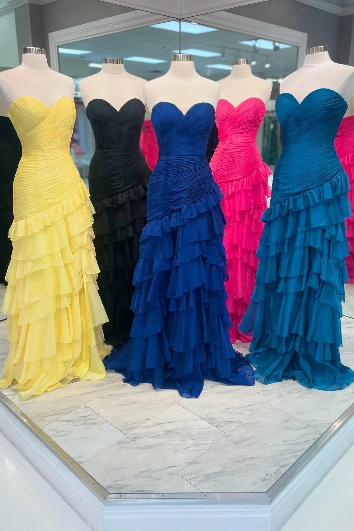 Strapless Yellow Pleated Tiered Long Dress