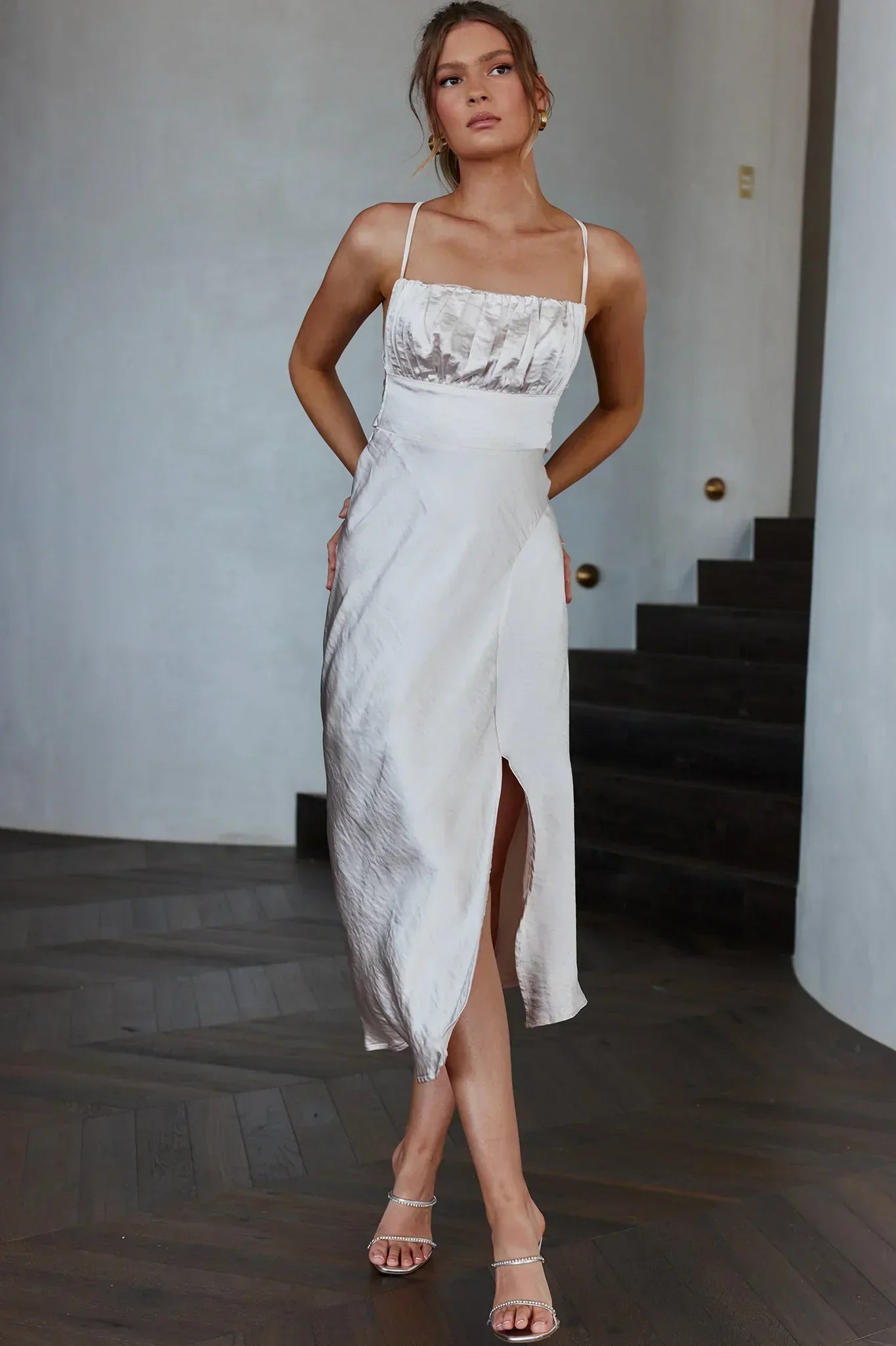 Lakoda Gathered Bust Bow Tie Back Midi Dress Champagne