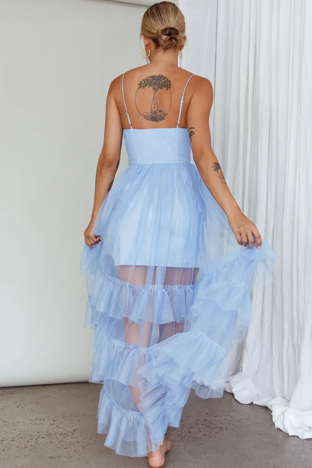 Moonlight Sonata Ruffle Mesh Maxi Dress Sky Blue