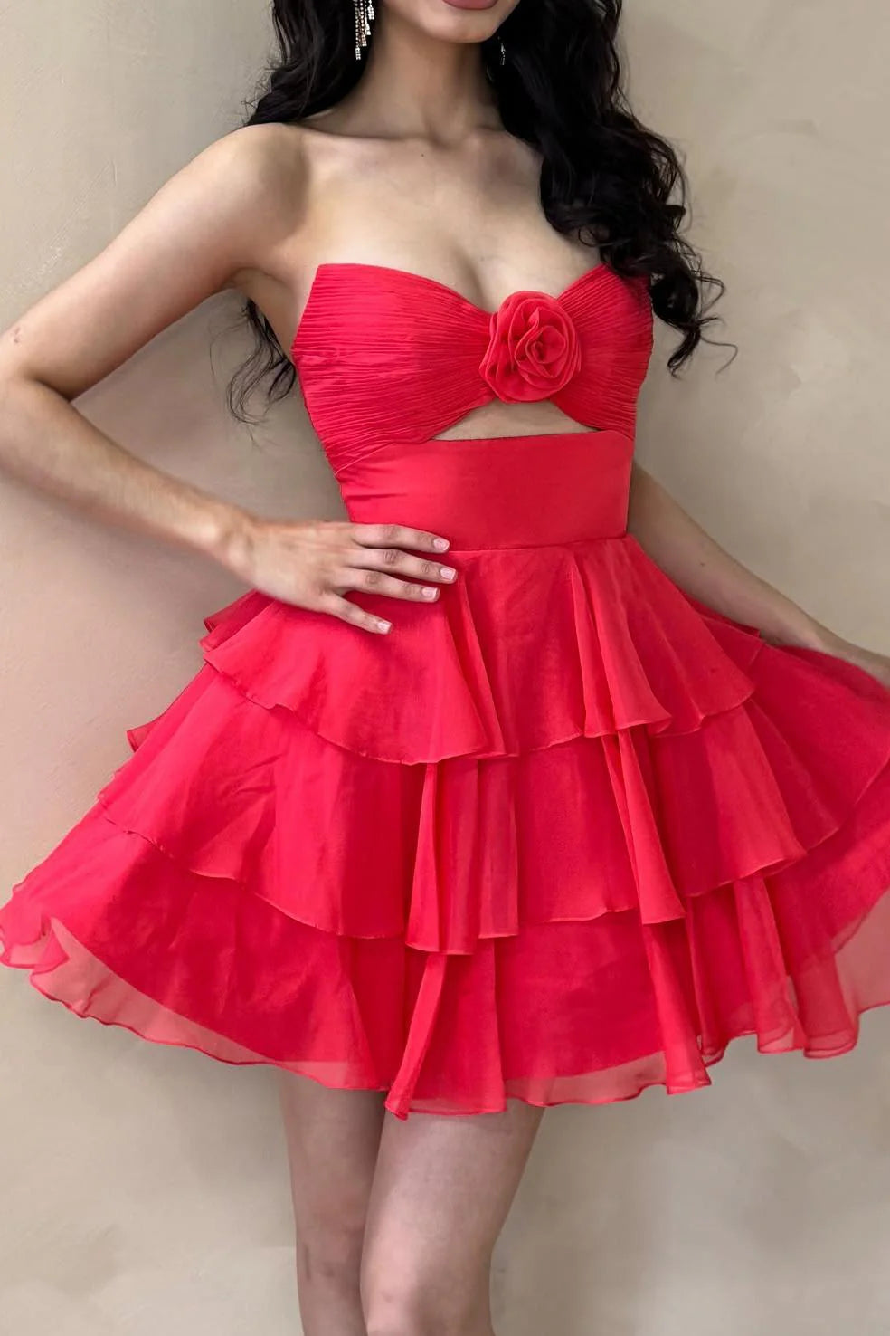 Strapless Green Pleated Tiered Short Dress with Rosette