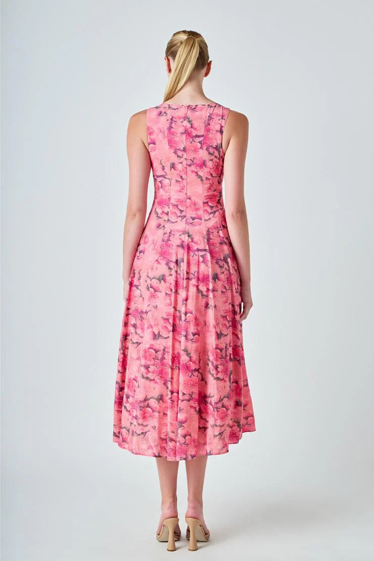 Sheena Florals Sleevless Linen Midi Dress - Pink