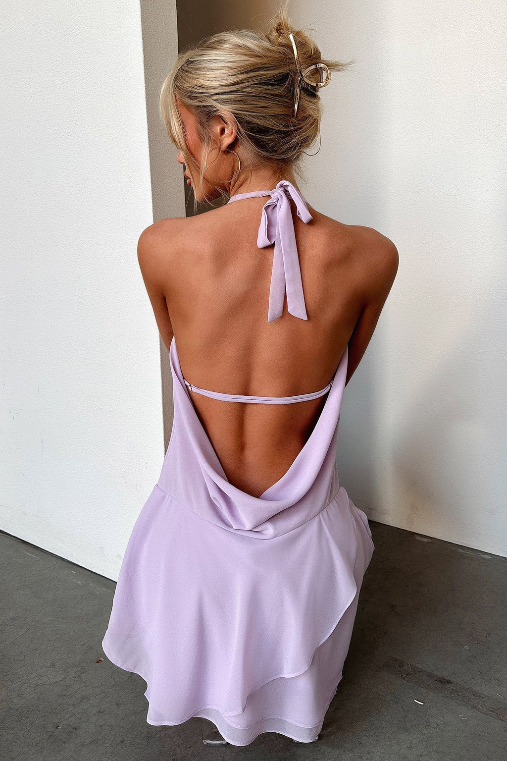 Cleo Plunge Cowl Neck Mini Dress - Lilac
