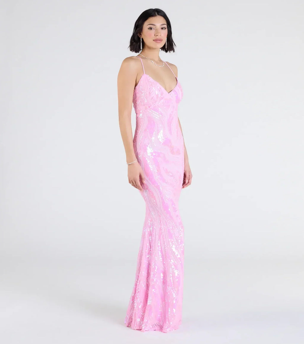 Acacia Iridescent Sequin Lace-Up Formal Dress
