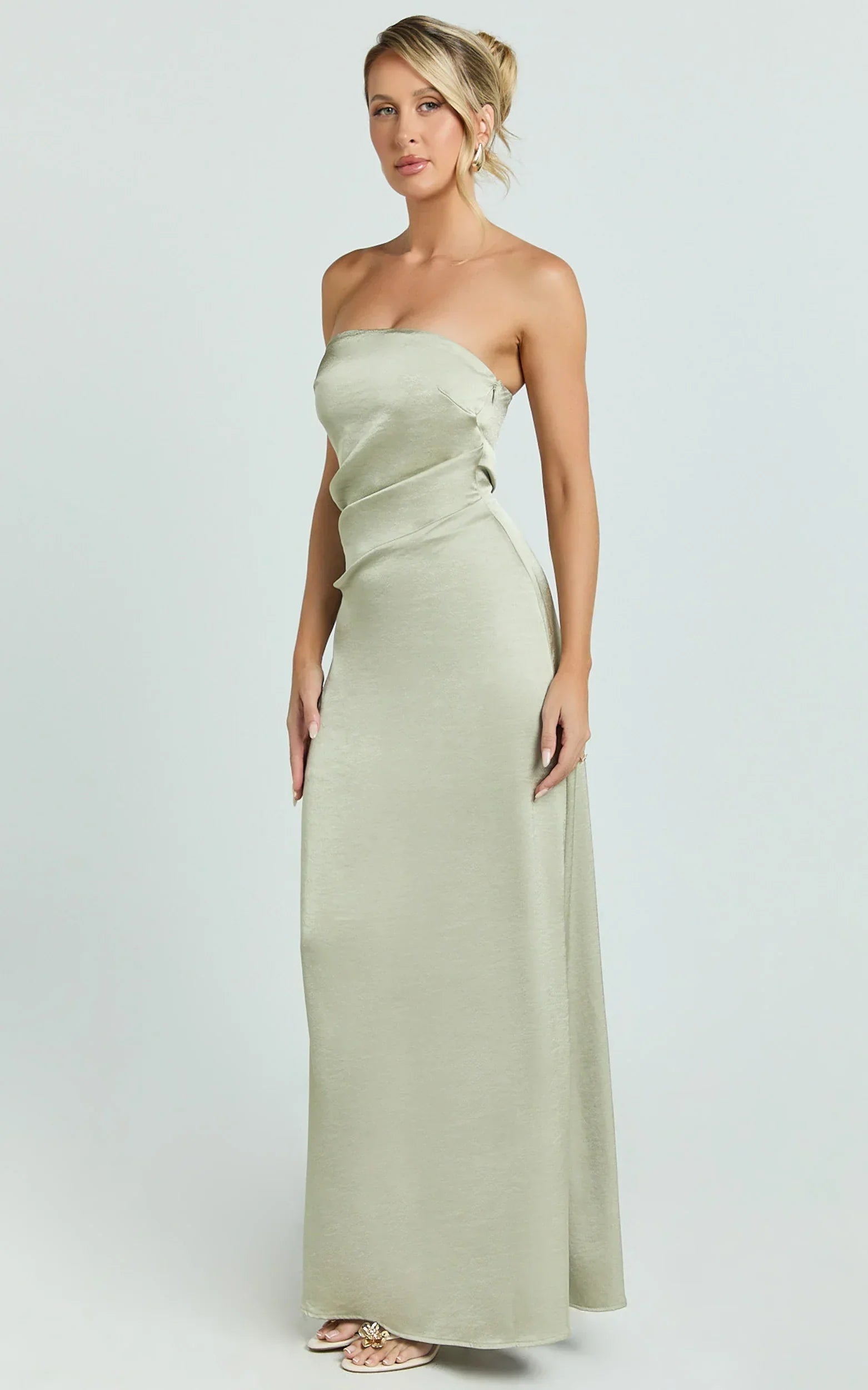 Laurie Maxi Dress - Strapless Draped Satin Dress in Light Olive