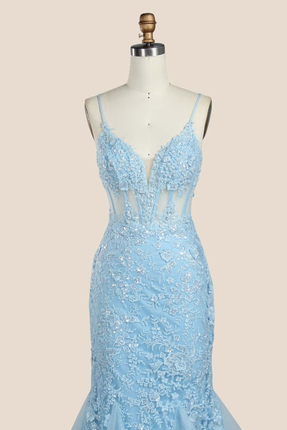 Light Blue Appliques Mermaid Long Formal Dress