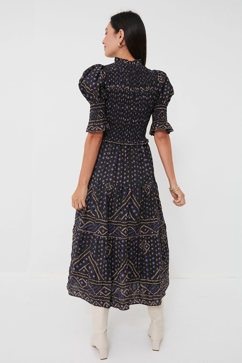 Blue Delphine Pucker Cotton Puff Sleeve Smocked Dress