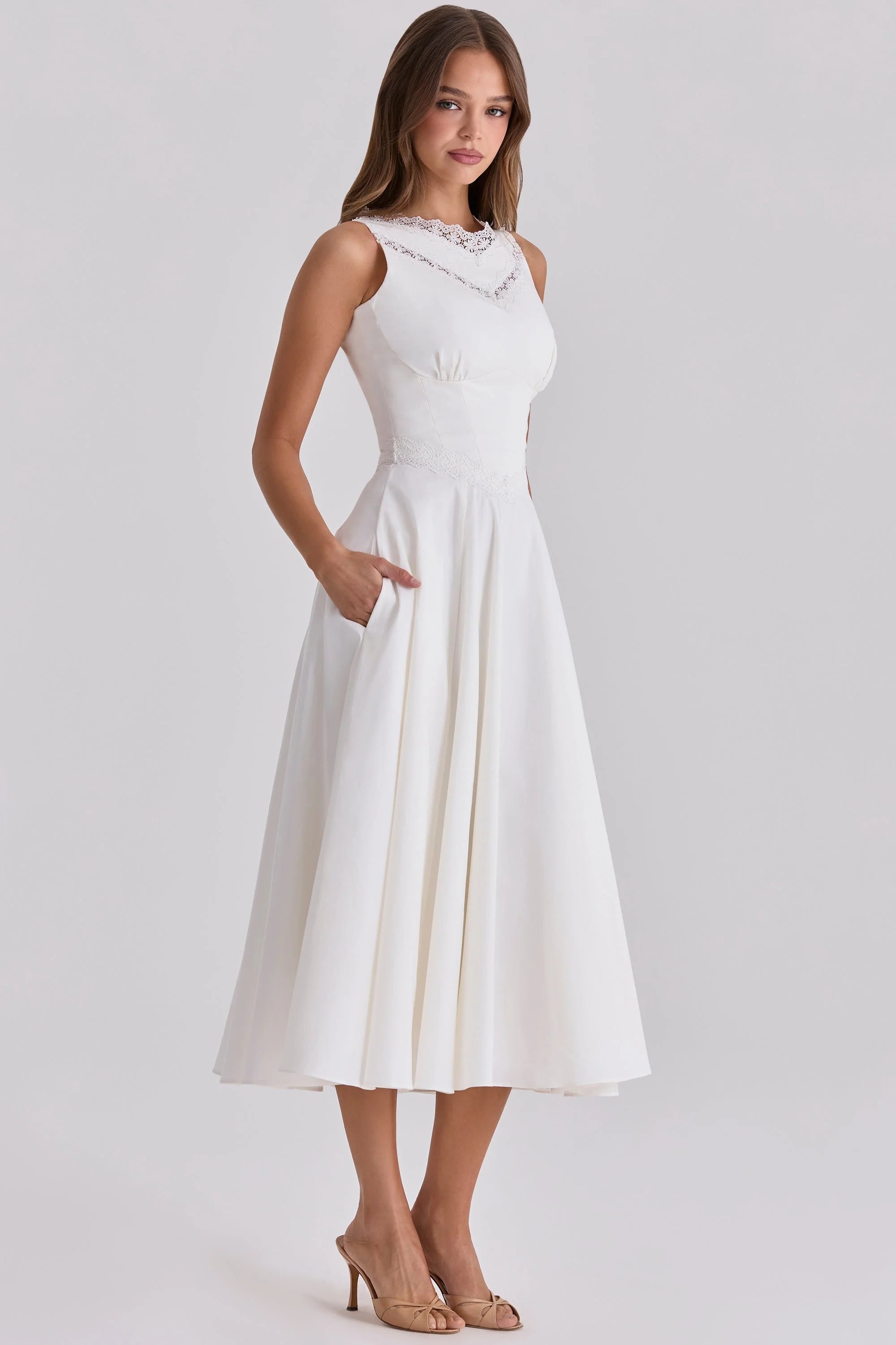 white cotton lace trim waist cinch midi dress