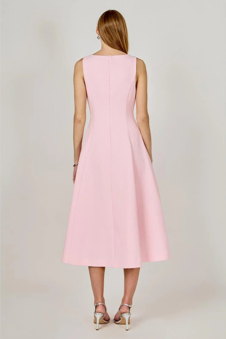 Princess High Neck Tweed Midi Dress - Pink