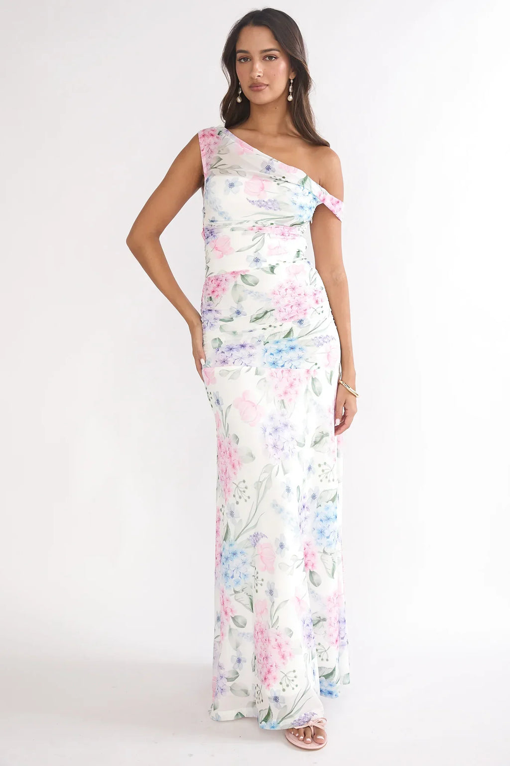 Lylah Asymmetric Neckline Mesh Maxi Dress Floral Blue