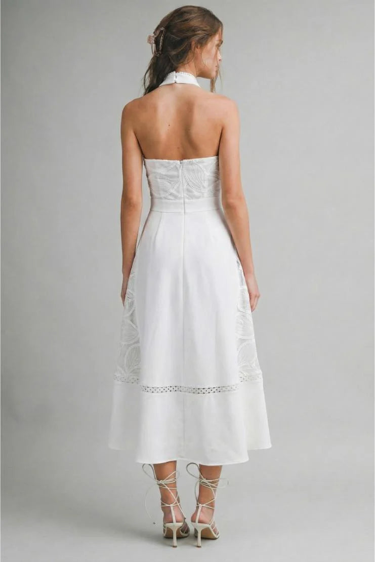 Celine Halter Neck Lace Midi Dress - White