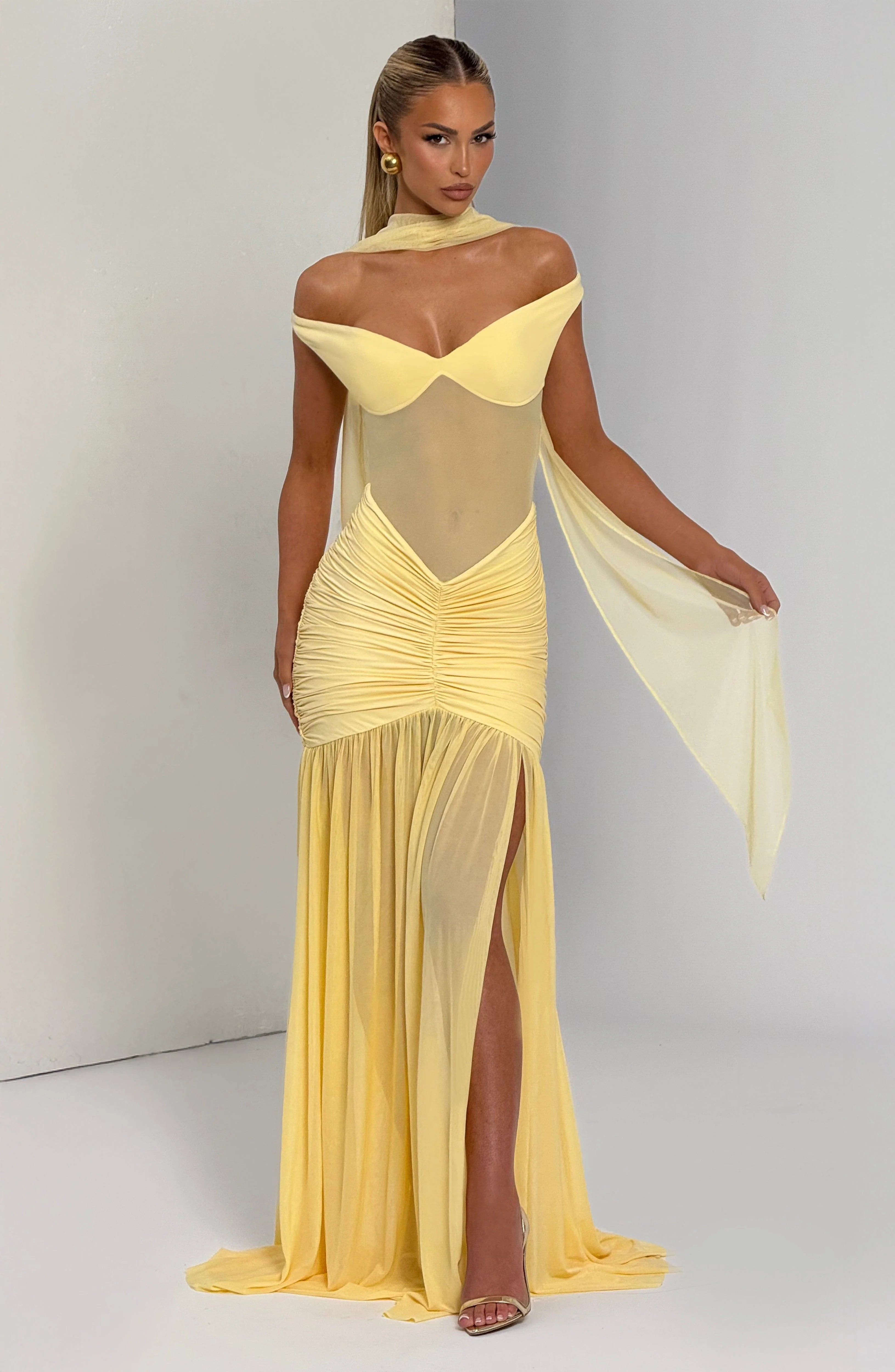 Sylarine – Bardot dress with sheer details and a slit
