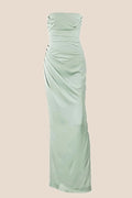 Strapless Sage Ruched Long Dress with Slit
