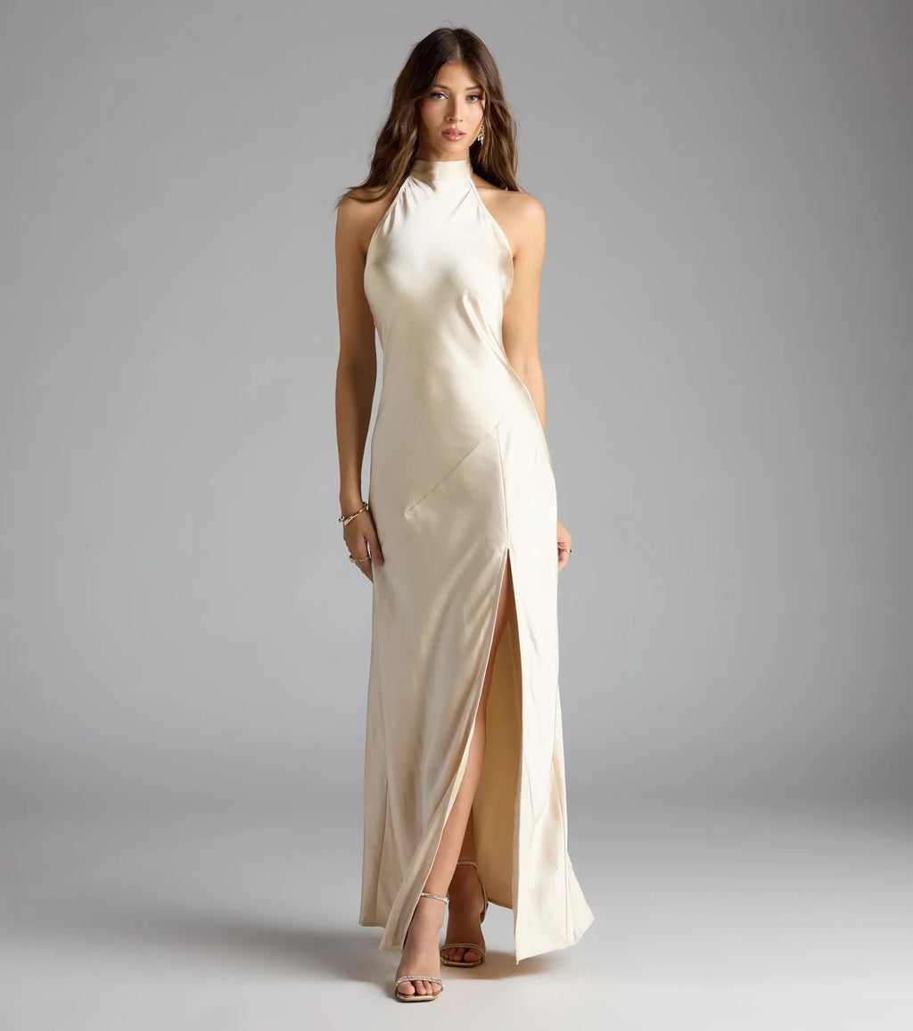 Andie Halter Open Back Slit Satin Formal Dress