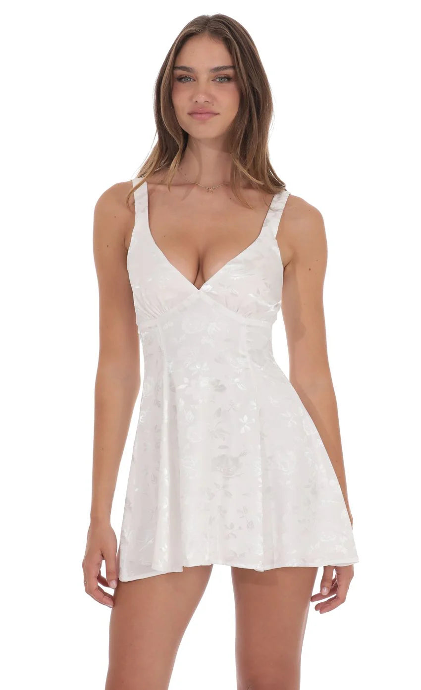 Floral Jacquard A-Line Dress in White