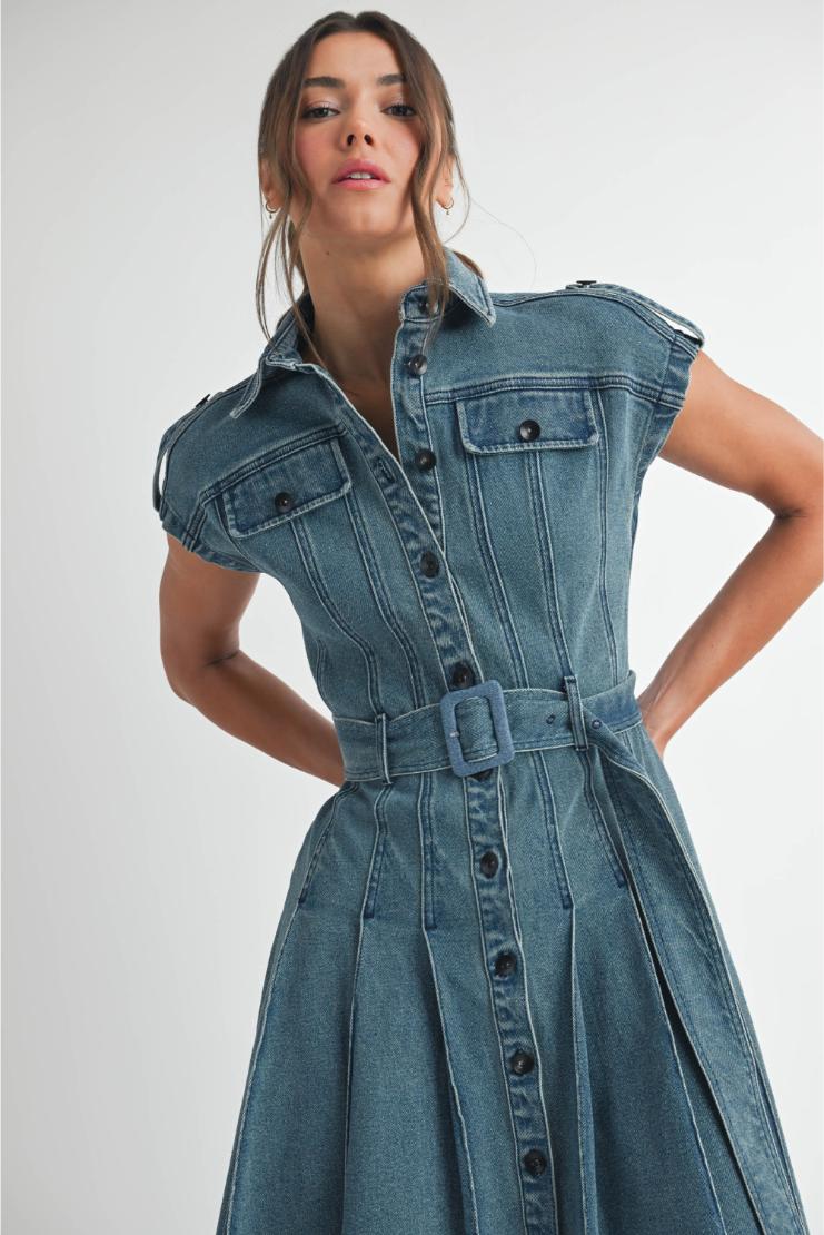 Dana Button Up Belted Denim Midi Dress