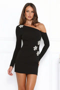 Noir Bloom Off Shoulder Long Sleeve Mini Dress Black