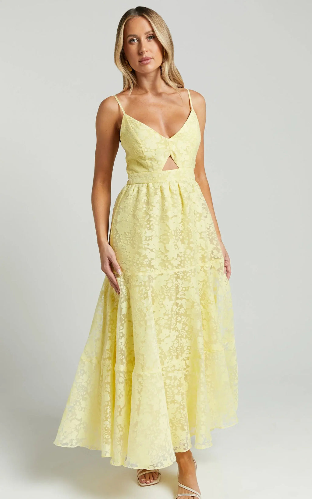 Jorie Midi Dress - Strappy Front Cut Out Tiered Skirt in Pastel Yellow