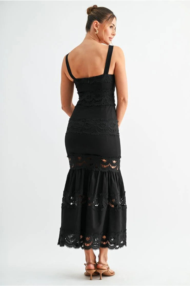 Raven Lace Tiered Midi Dress - Black