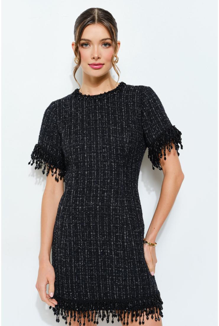 Iris Beaded Fringe Tweed Mini Dress - Black
