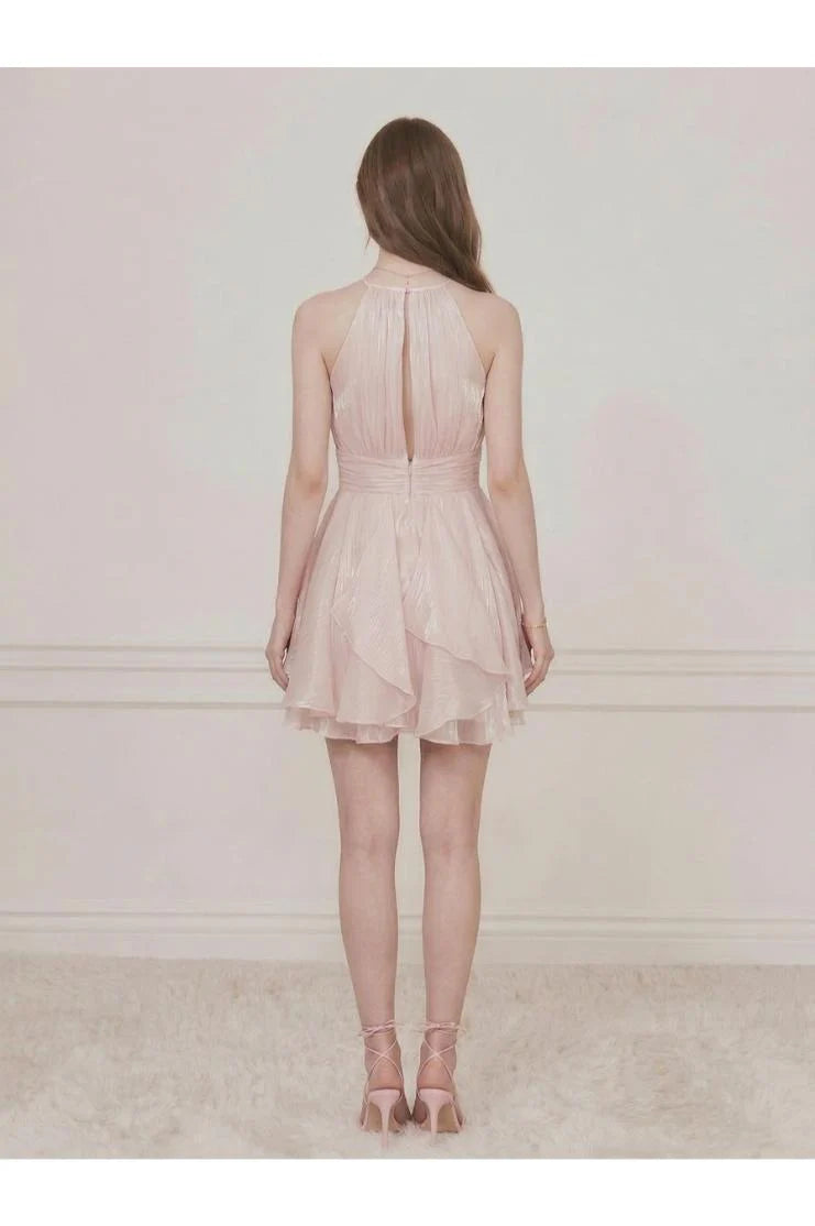 PRE-ORDER Only! (ETA May 15th)  Selena Shimmer Halter Neck Ruffle Mini Dress - Pink
