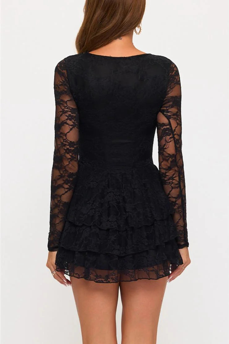 Mia Lace Long Sleeve Ruffled Mini Dress - Black