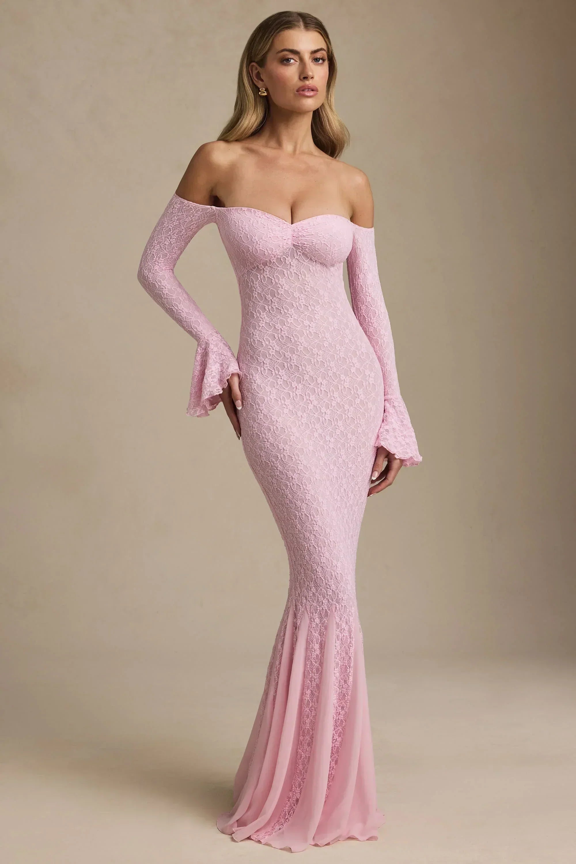 Off-Shoulder Ruffle Lace Maxi Dress in Soft Pink