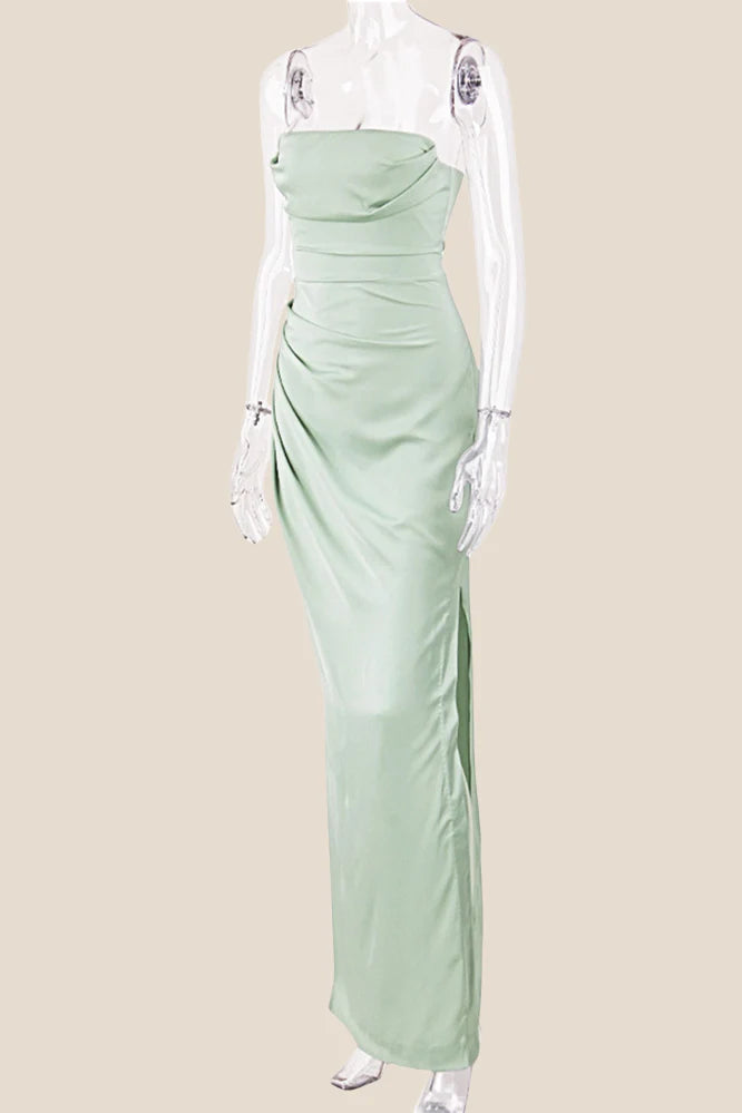 Strapless Sage Ruched Long Dress with Slit