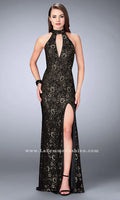La Femme Lace Open Back Prom Dress