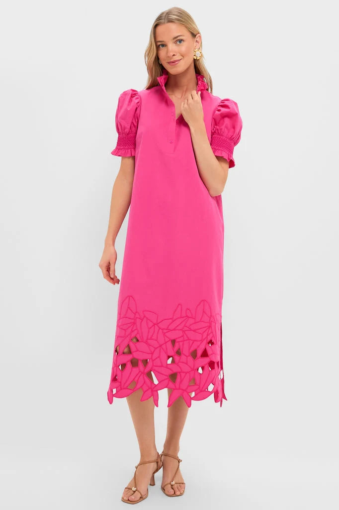 Hot Pink Embroidery Eliza Midi Dress