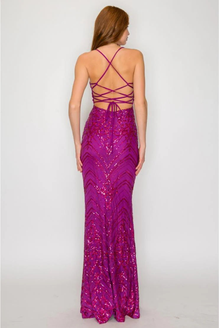 Maxine Sequin Lace Up Back Gown - Magenta