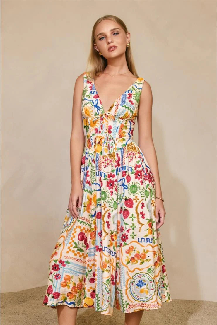 Santorini Plunging Corset Bodice Midi Dress