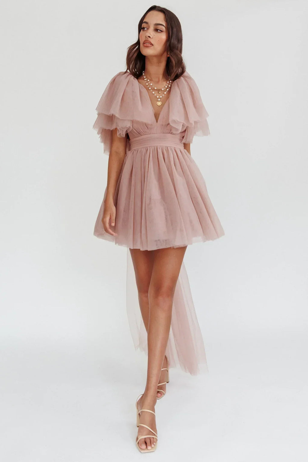 Star Power Tulle Train Mini Dress Blush