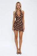 Social Glow Halter Polka Dot Mini Dress Brown