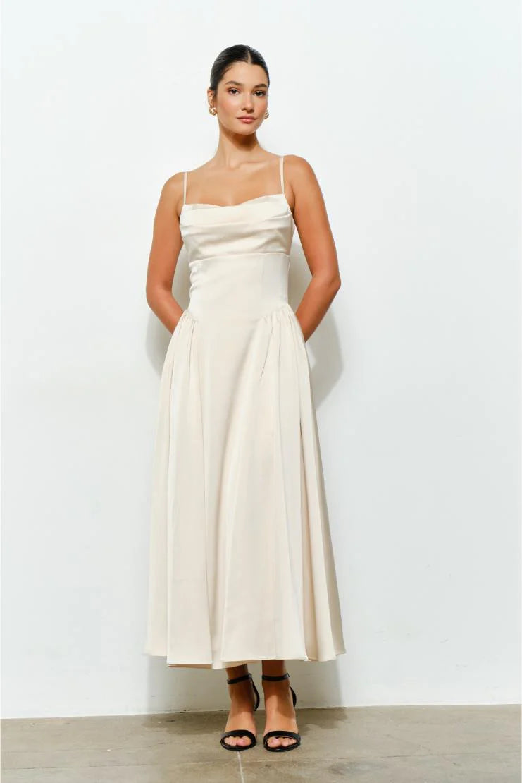 Jessie Satin A-Line Midi Dress - Ivory