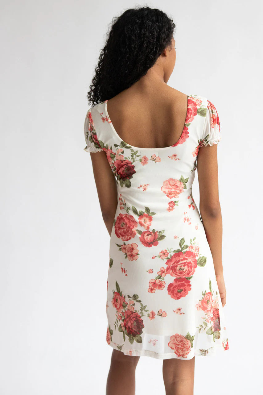 Puff Sleeve Floral Mesh Mini Dress