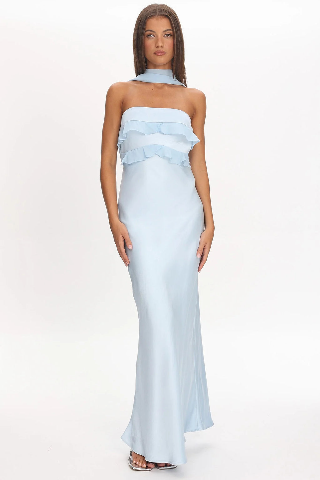 Damsel Reverse Halter Frill Trim Maxi Dress Baby Blue