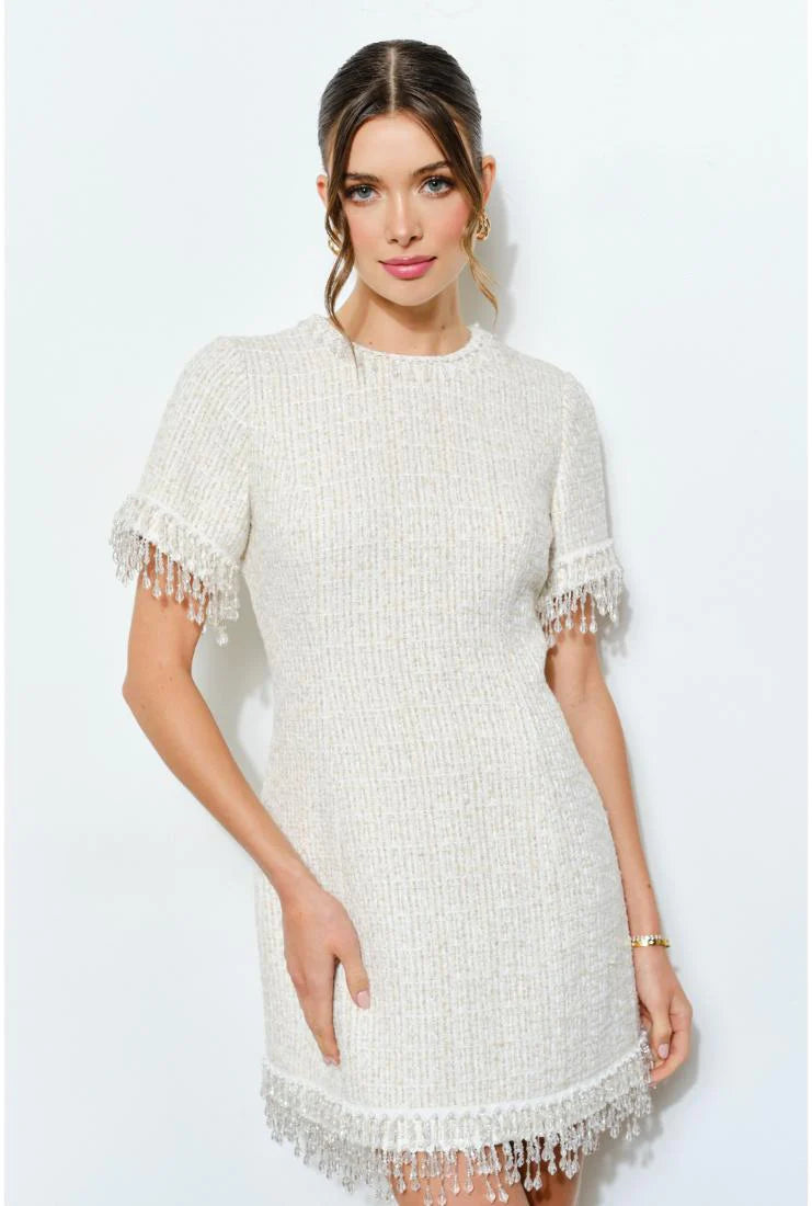 Iris Beaded Fringe Tweed Mini Dress - Ivory