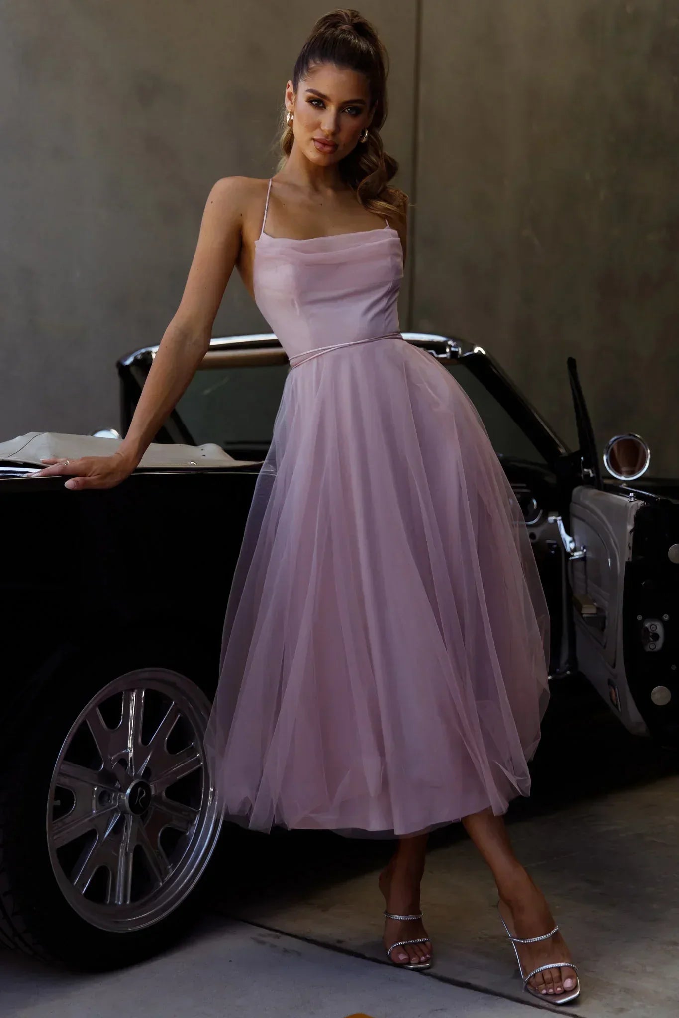 Floating By Pleated Neckline Mesh Midi Dress Blush
