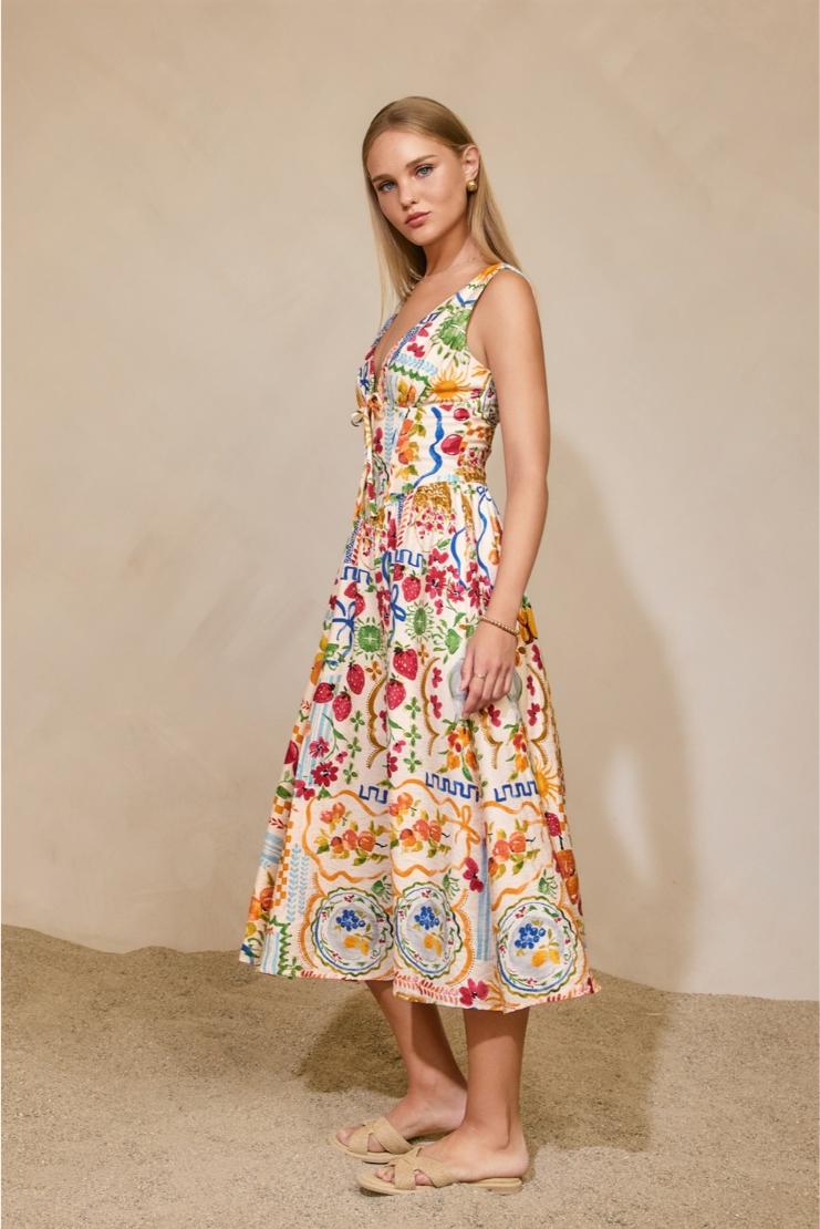 Santorini Plunging Corset Bodice Midi Dress