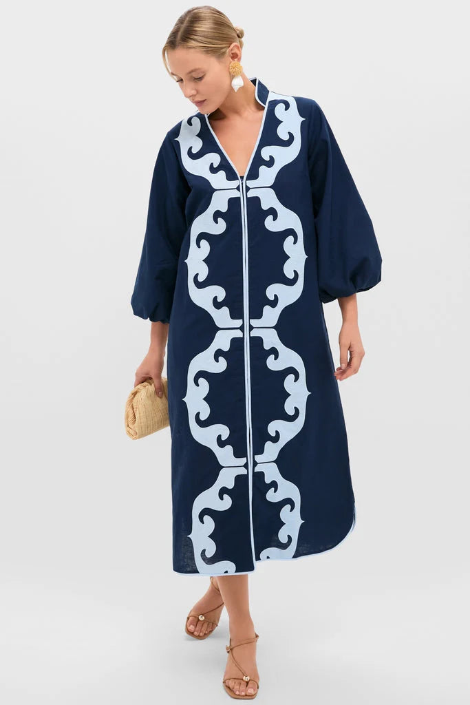 Navy & Baby Blue Embroidered Teresa Caftan
